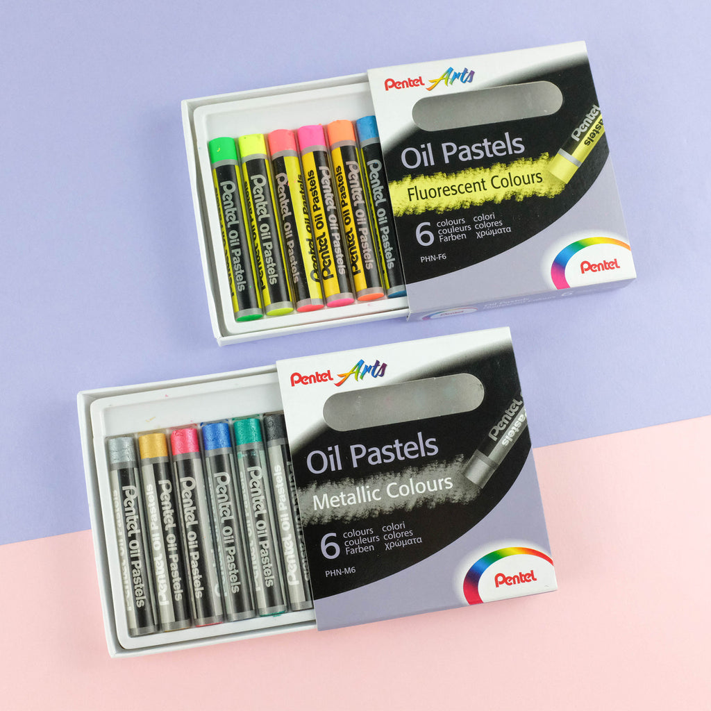 Pentel Fluorescent and Metallic Oil Pastels Set of 12 Assorted Colours,  PHN-MF12